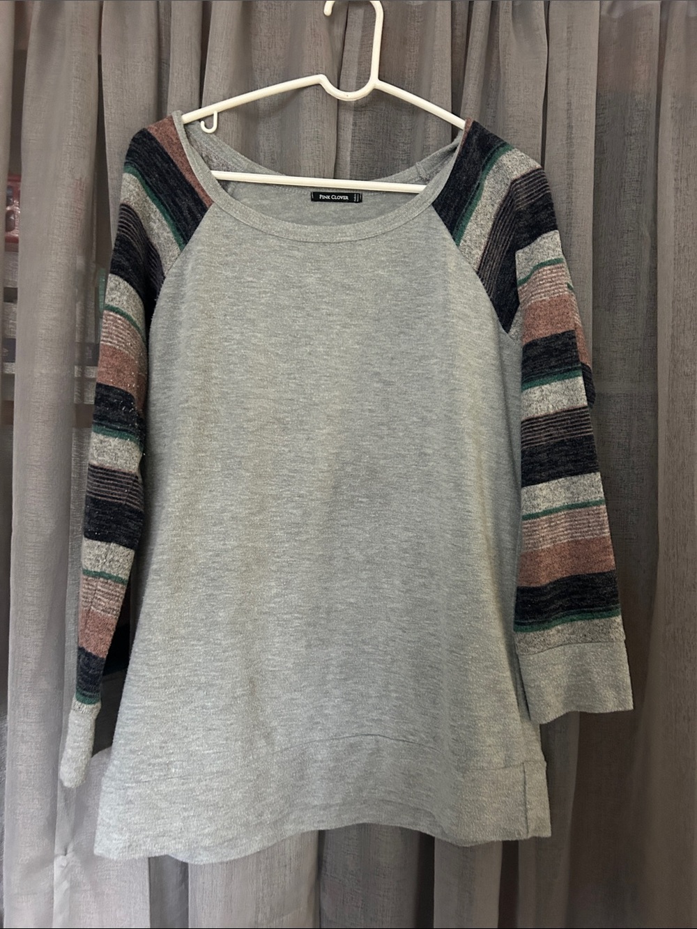 Pink Clover Gray Crewneck Sweater with Multicolor Striped Raglan Sleeves